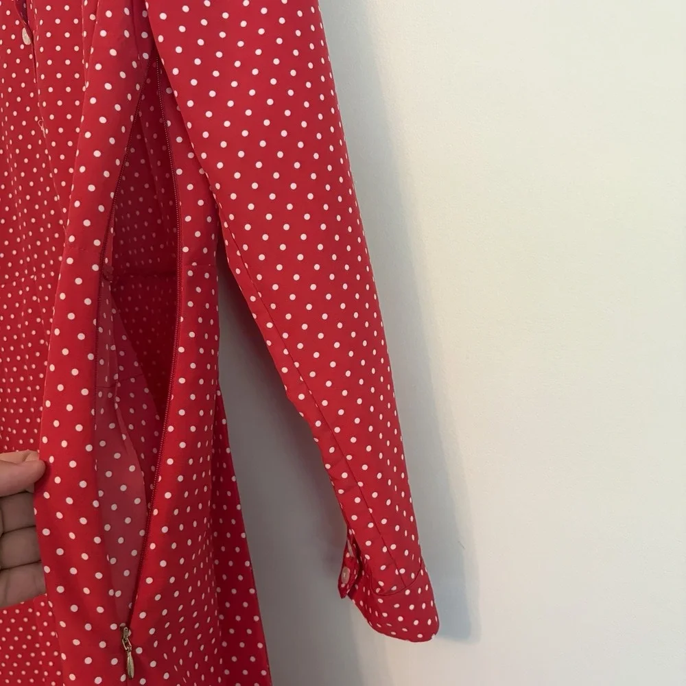 Draper James Midi Dress Sz 8 Red Polka Dot Longsleeve‎ Pleats Retro Vintage Vibe